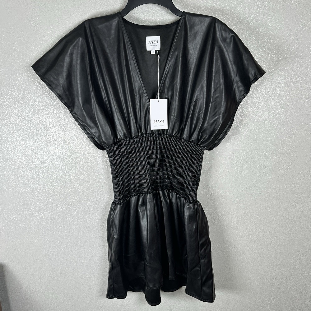 NEW MISA Los Angeles Moana Coctail Black Faux Leather Mini Dress Womens Small